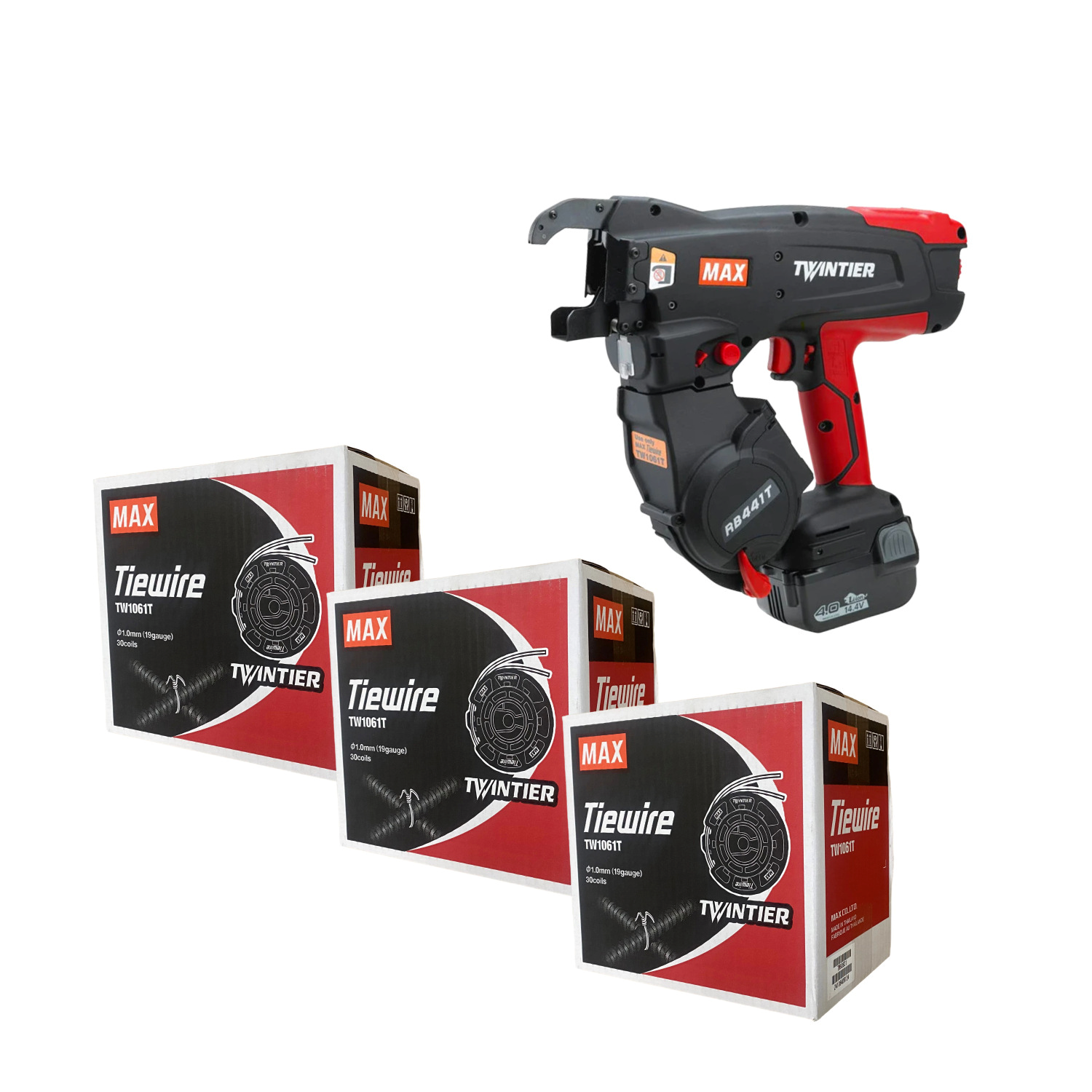 MAX TWIN TIER REBAR TIER 20-44MM STARTER KIT (INCLUDES TWO 14.4V LITHIUM BATTERIES & 3 BOXES BRIGHT WIRE))