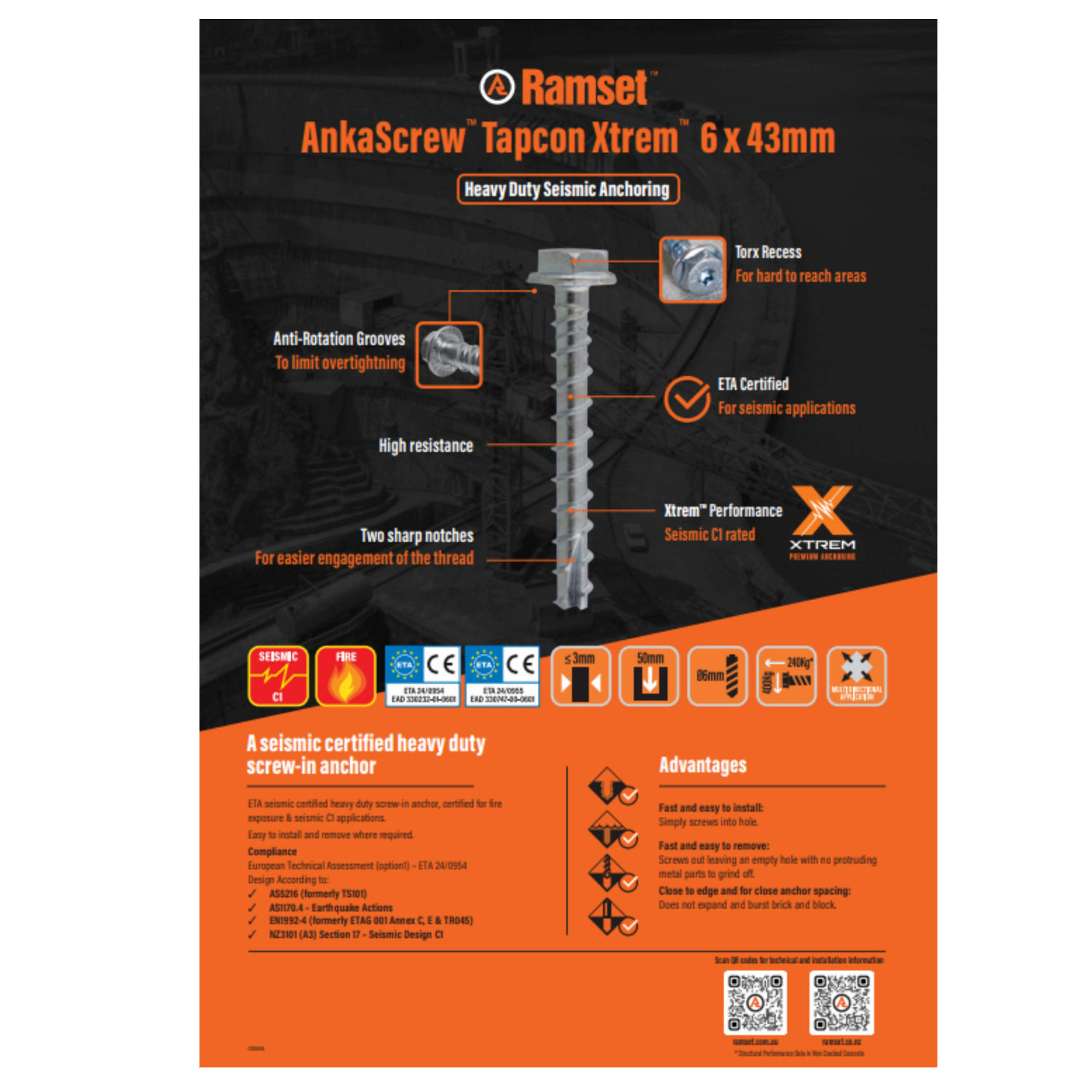 Ramset AnkaScrew TAPCON XTREM Seismic 6x43mm (Box 100)